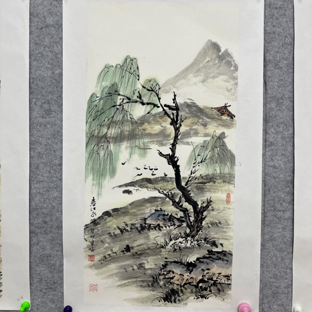 曹老师纯手绘写意山水69.35《春江水暖》小鸭子 春天 柳树 托底