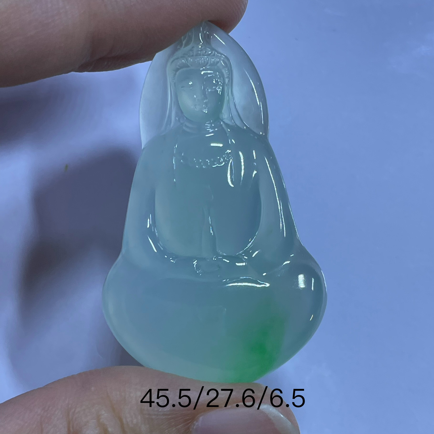 天然缅甸翡翠A货素衣观音吊坠，冰种胶料，飘阳阳完美，男士女士配戴