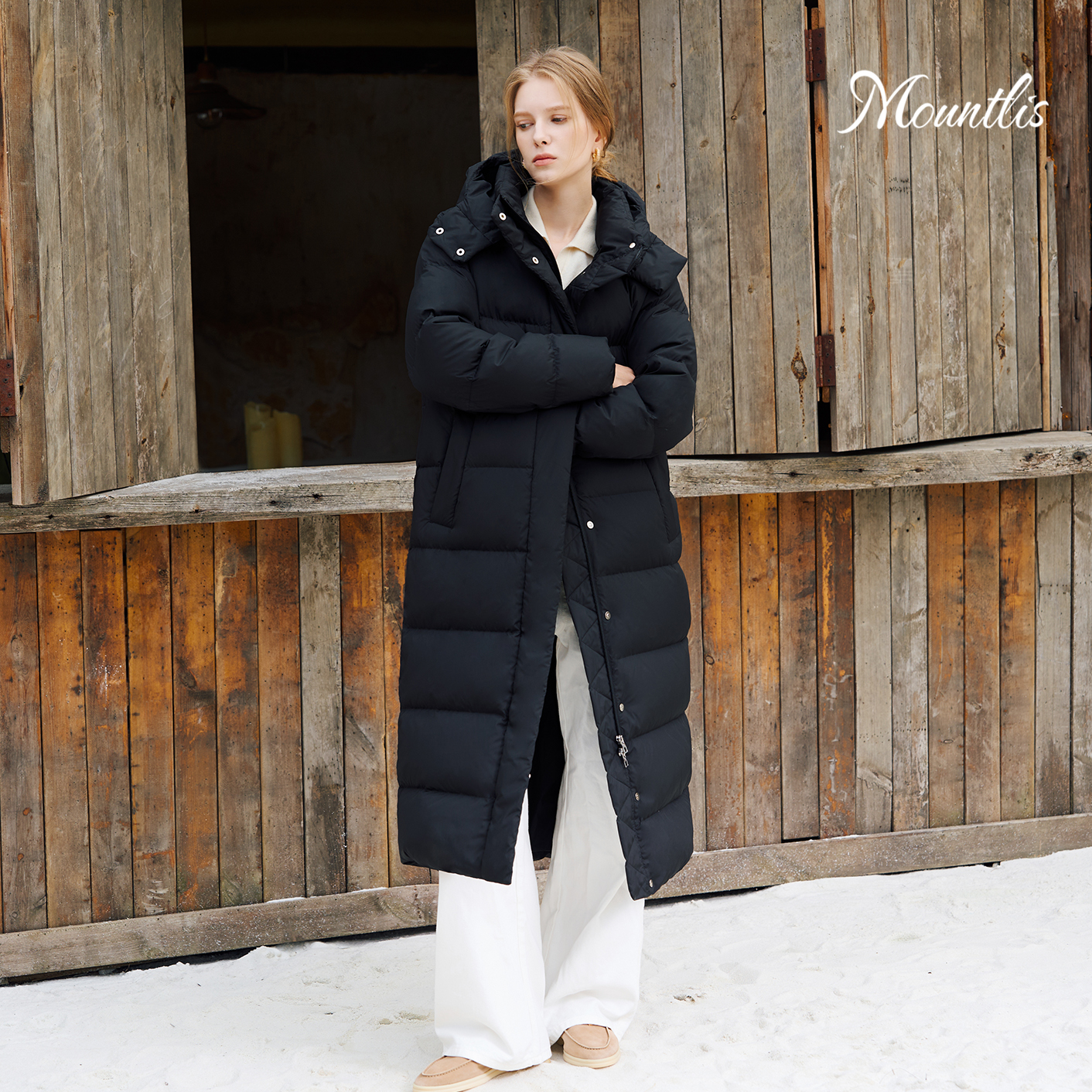 Mountlis新款长款鹅绒服长款连帽羽绒服冬季