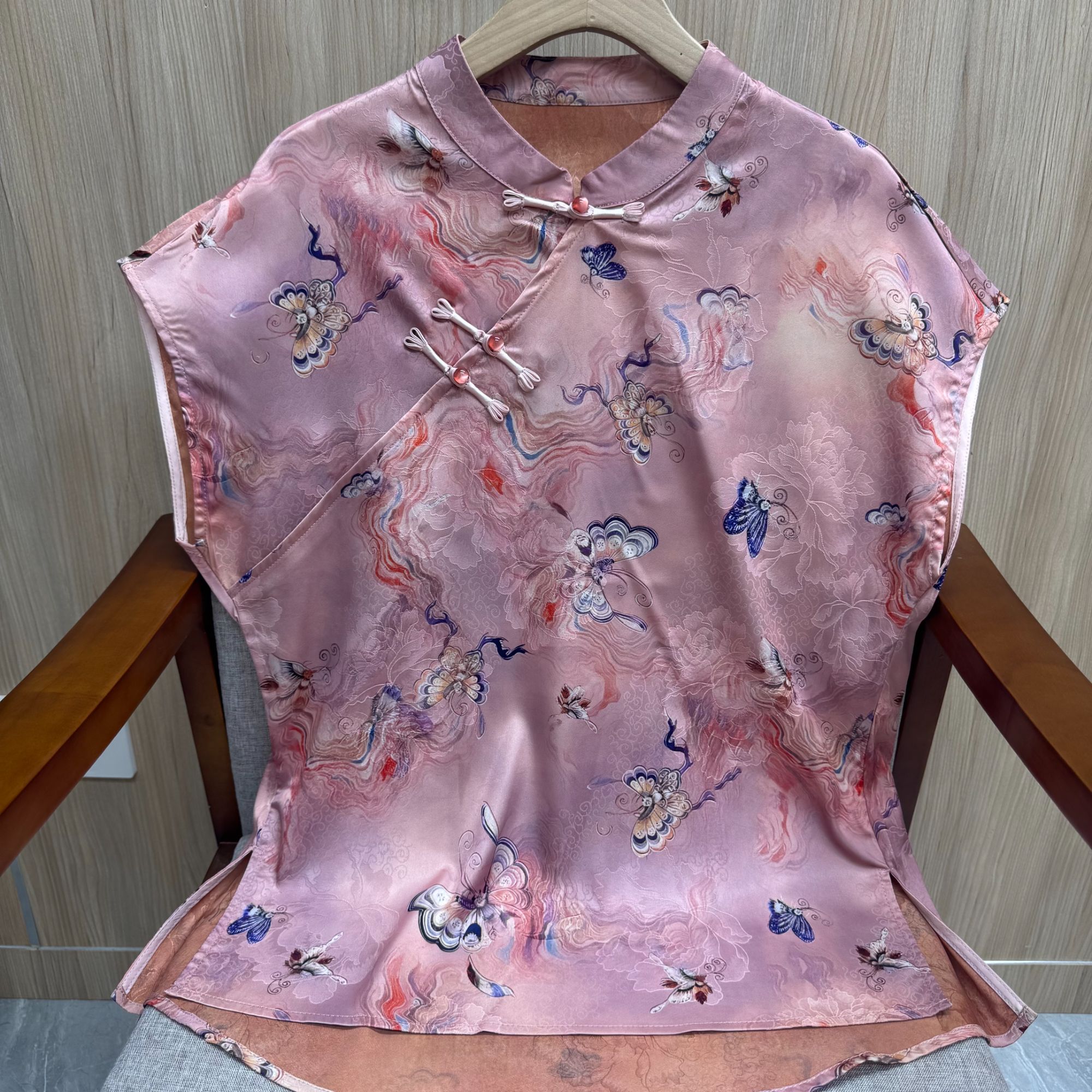 【水墨蝶画】夏季中国风新中式提花无袖衬衫水墨双面斜襟宫廷风1152