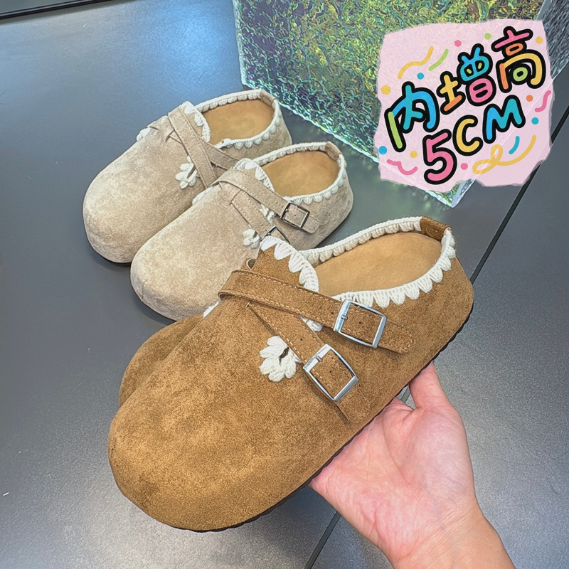 增高5CM~新款女勃肯鞋设计感森系刺绣金属扣内增高网红韩版包头拖
