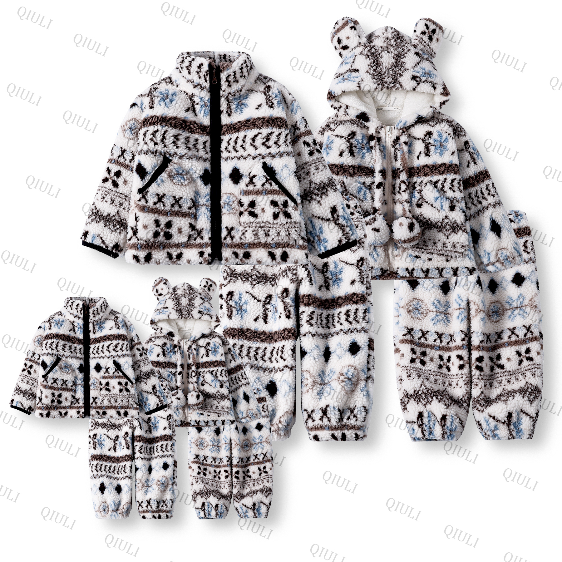 【QIULI】冬季三层夹棉“初雪费尔岛”加厚休闲保暖亲子家居服套装