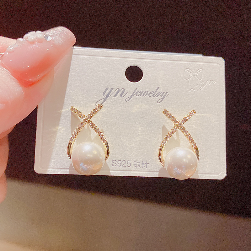 黄铜亚克力耳饰 法式优雅交叉珠珠耳钉简约冷淡风s925银针耳环