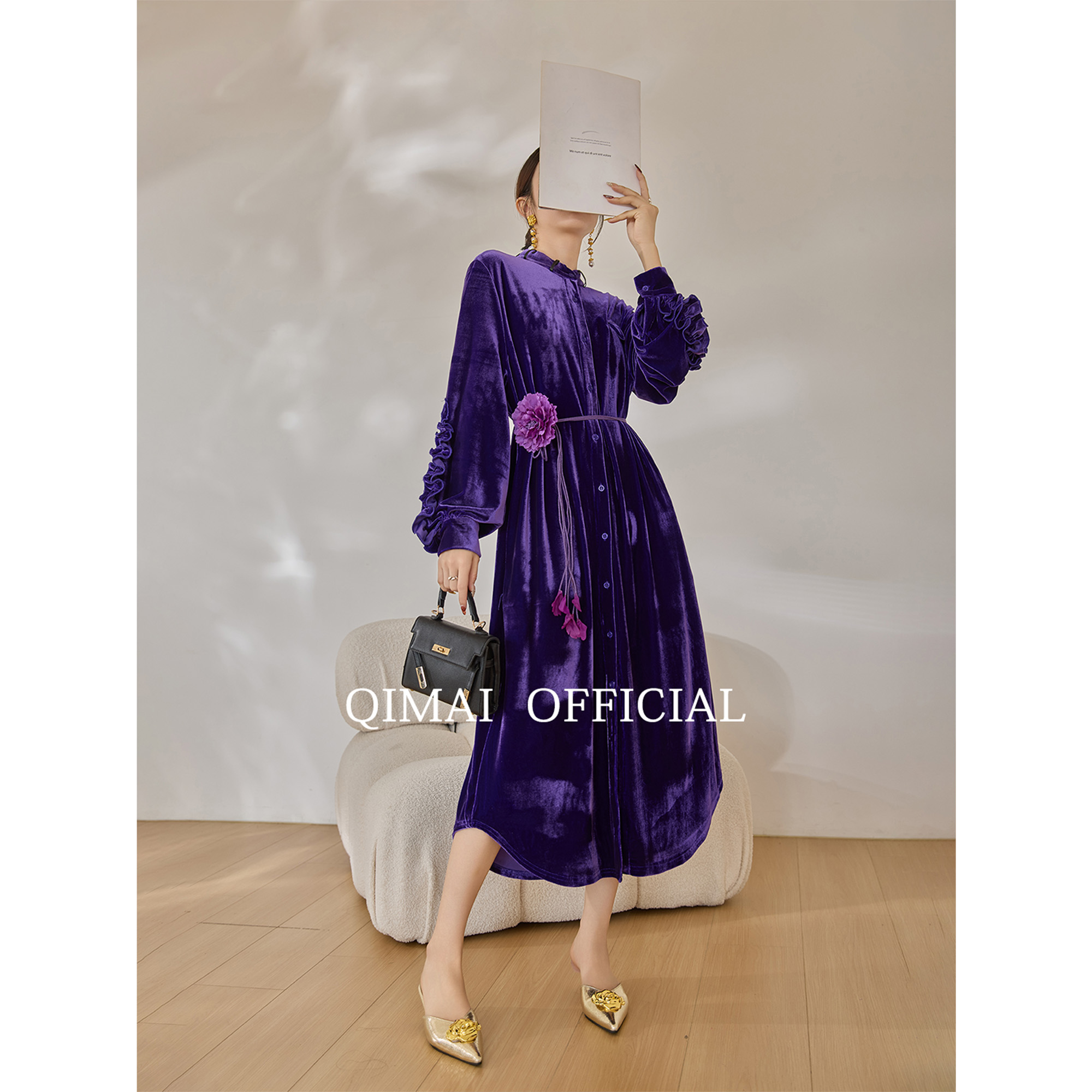 紫色秋冬长袖真丝丝绒连衣裙长款显瘦成熟洋气御姐绝美微胖连身裙