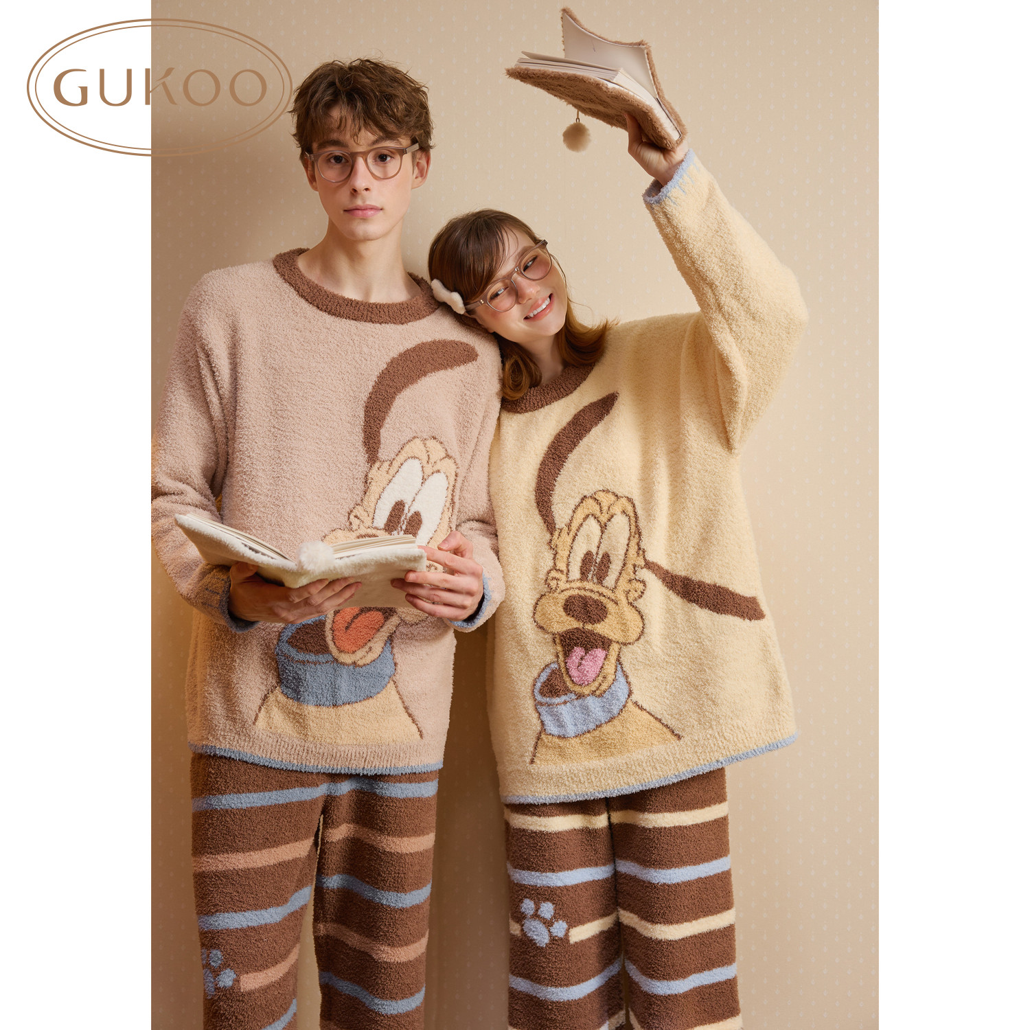 Gukoo/果壳情侣睡衣冬季迪士尼联名2026新款半边绒女家居服套装D