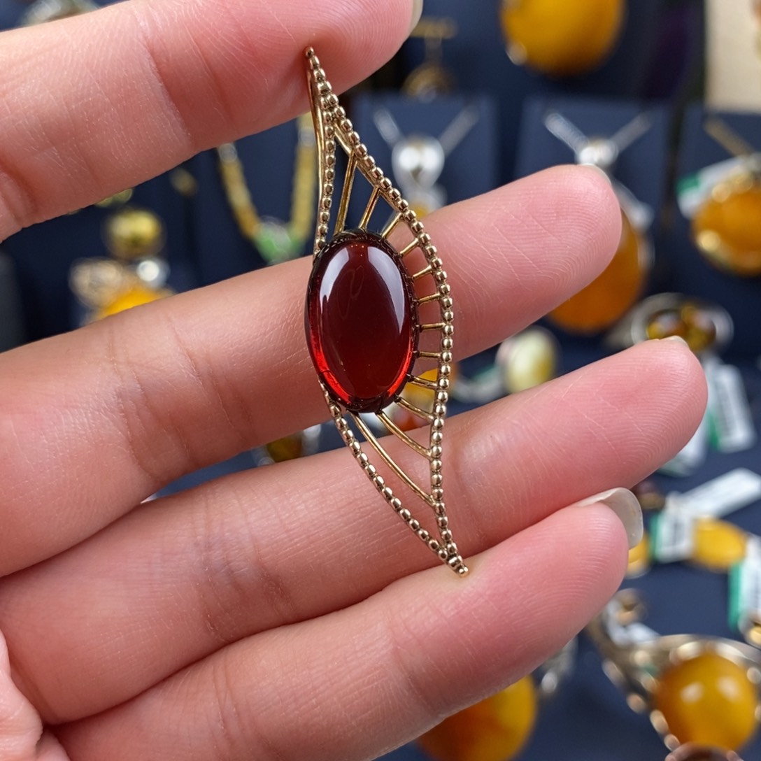 琥珀颈饰银S925镀金镶嵌