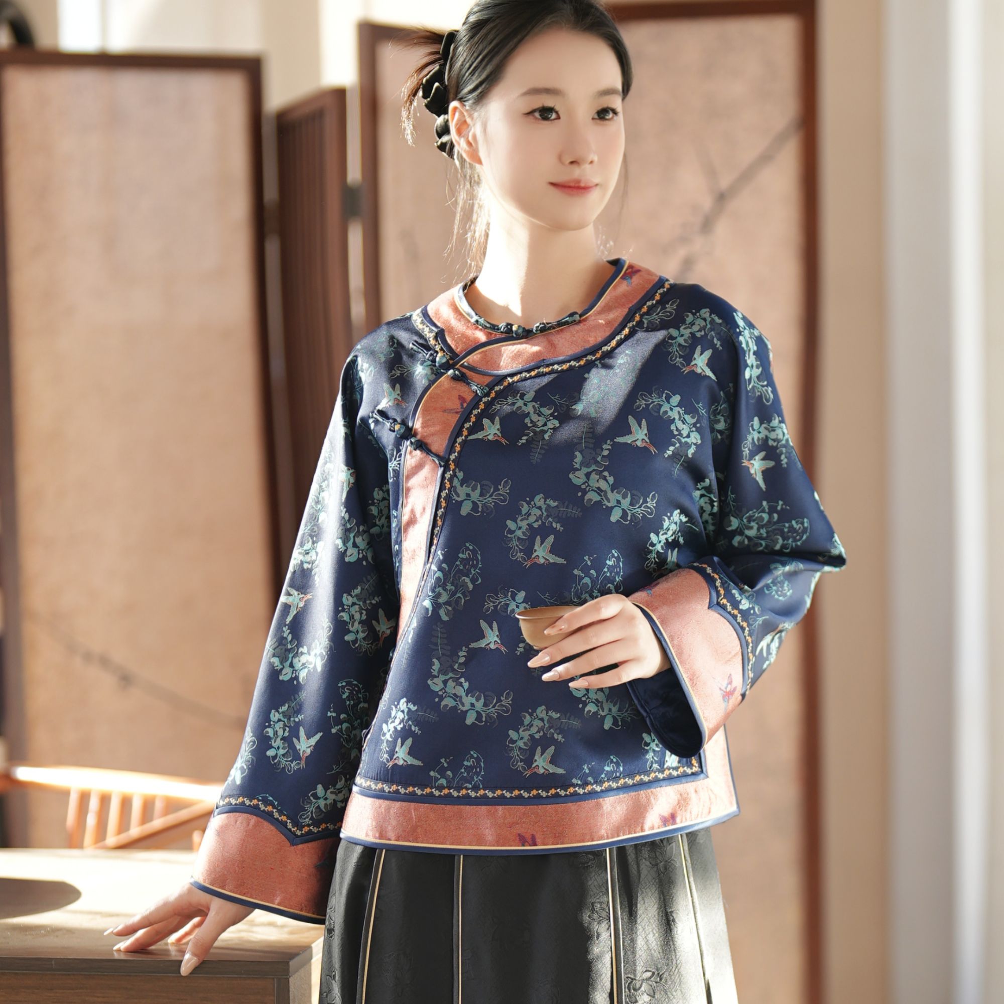 【栖羽】新款国风新中式提花拼色斜开襟圆领外套