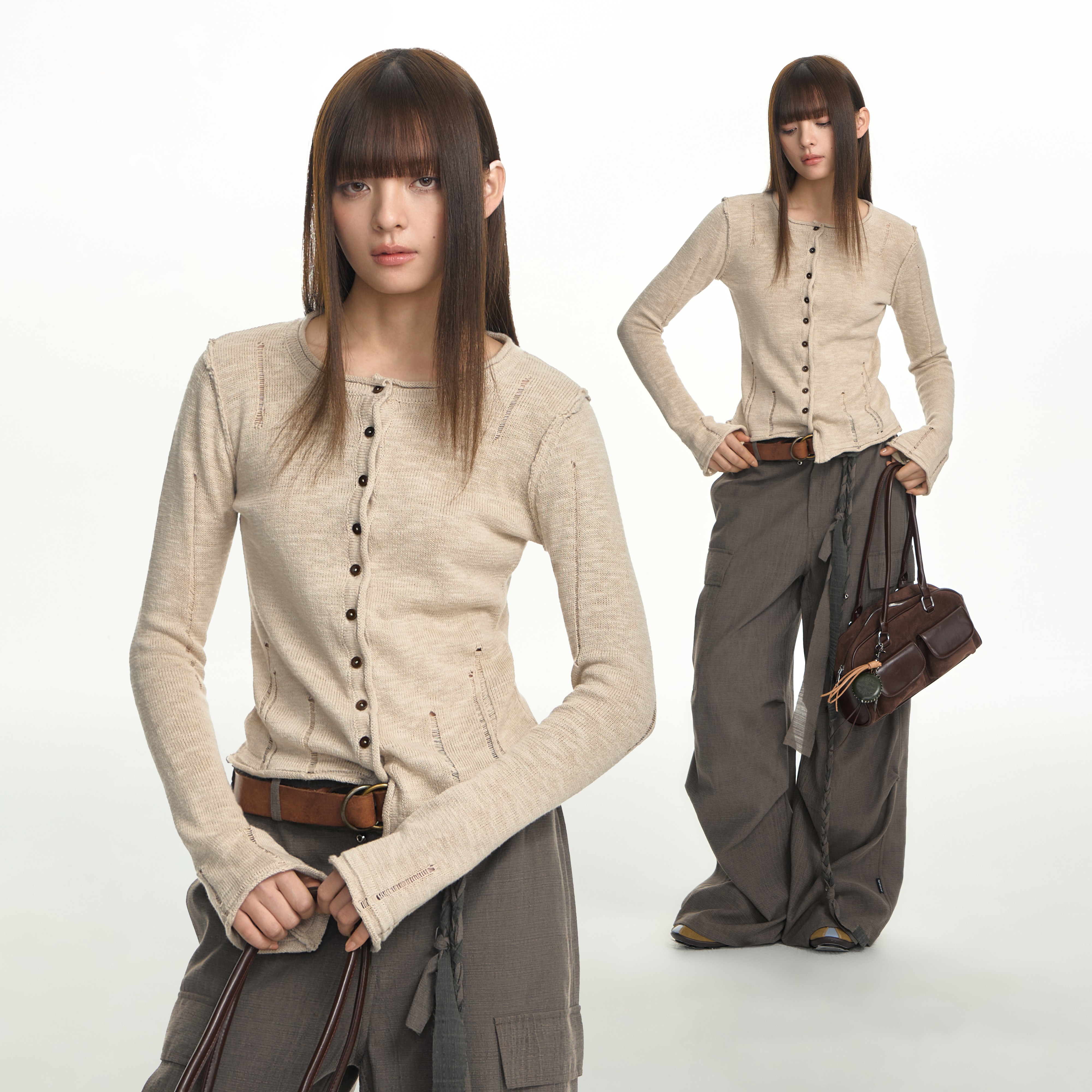 TGNS破坏边毛须针织开衫上衣春秋季欧若智性风遮肉打底衫长袖t恤