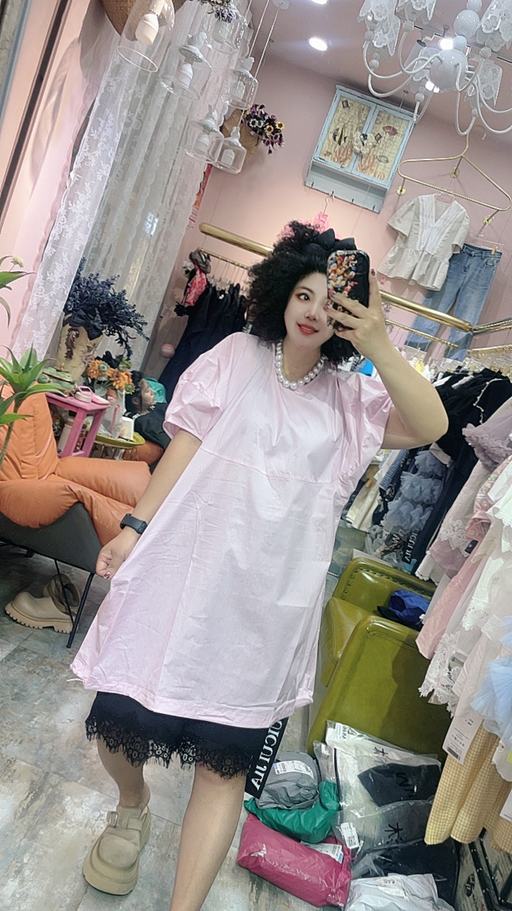 流行纯色泡泡袖减龄圆领短袖夏季中长款显瘦连衣裙女