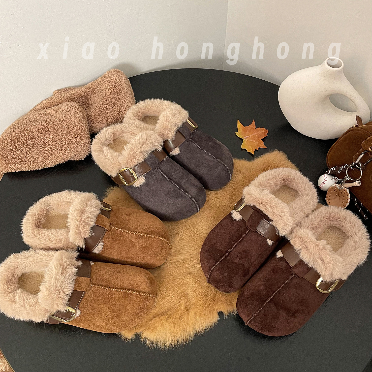 【松松】复古厚底包头半拖鞋女2025冬季新款软底加绒保暖拖鞋