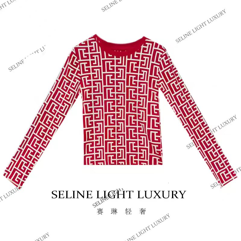 【25Q-629】七 2025 SELINE 新款印花时尚轻奢气质长袖T恤