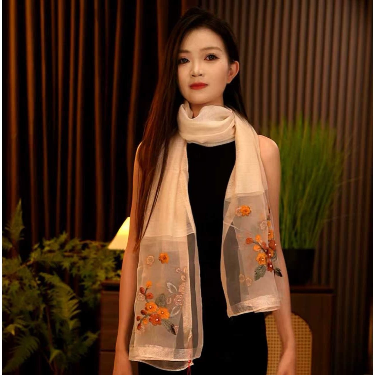 【杏色海棠花】75X175高档围巾女士披肩新款素雅百搭优雅气质（096）