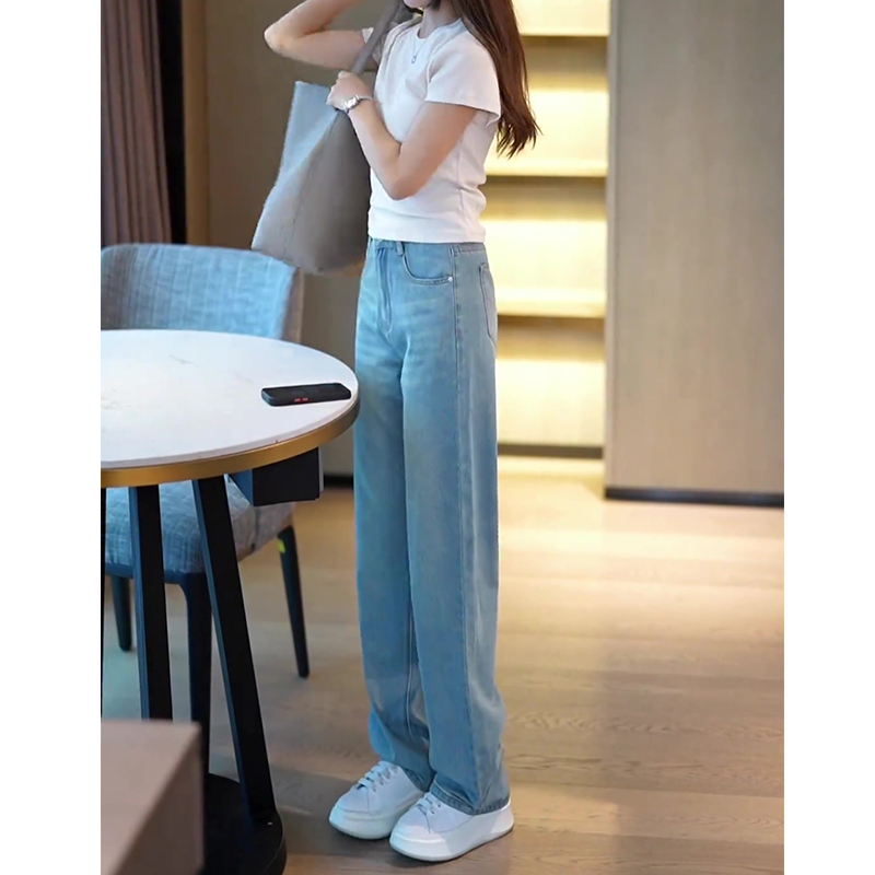 默认瑕疵牛仔裤女显瘦小个子直筒时尚休闲夏季薄款设计感拖地裤
