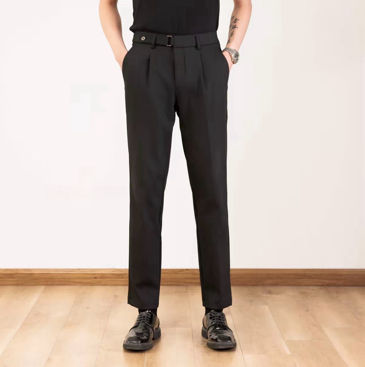 【LINJ】原创设计英伦型男搭扣纯色西裤极简风直筒西裤百搭