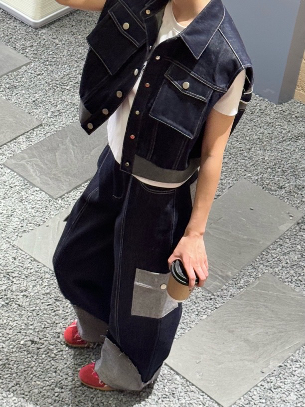 小众设计小个子短款拼接牛仔无袖马甲外套 复古工装风丹宁色上衣