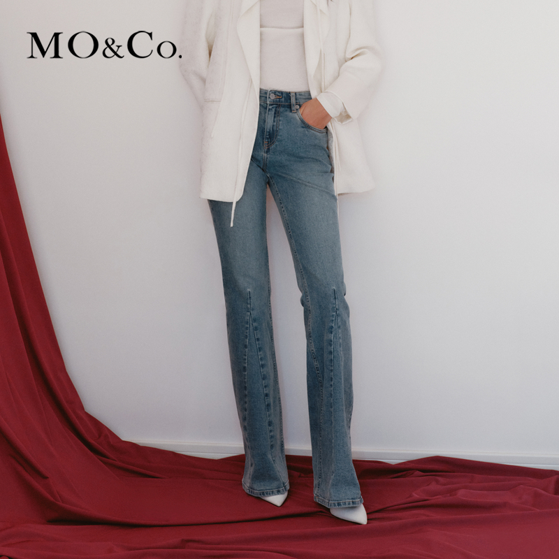 【赵老板专属】MOCO拼接感微喇微弹蓝色牛仔裤喇叭裤MBD1JENT07