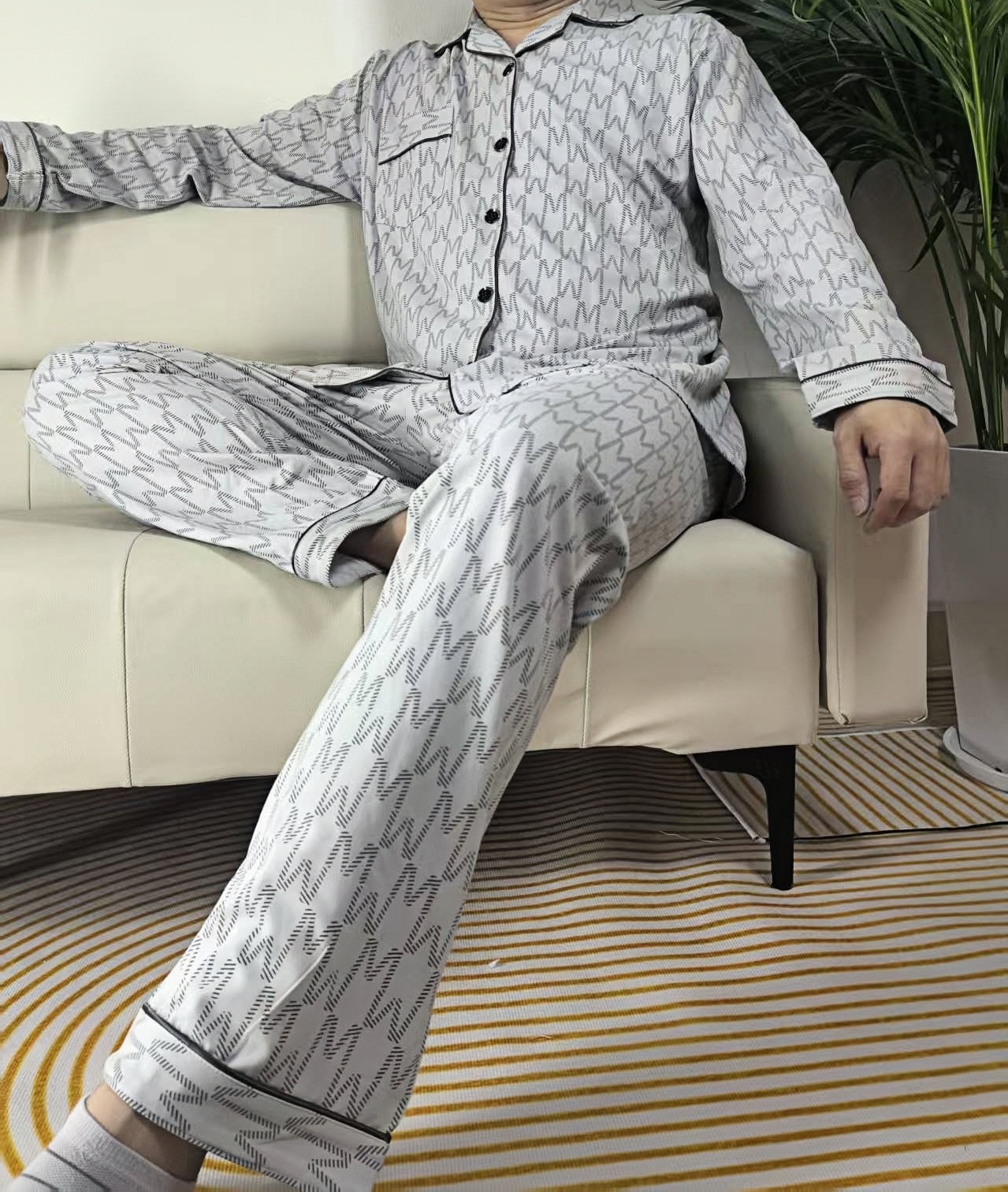 歌魅蓝春秋季睡衣男士长袖长裤翻领休闲秋季舒适透气家居服两件套