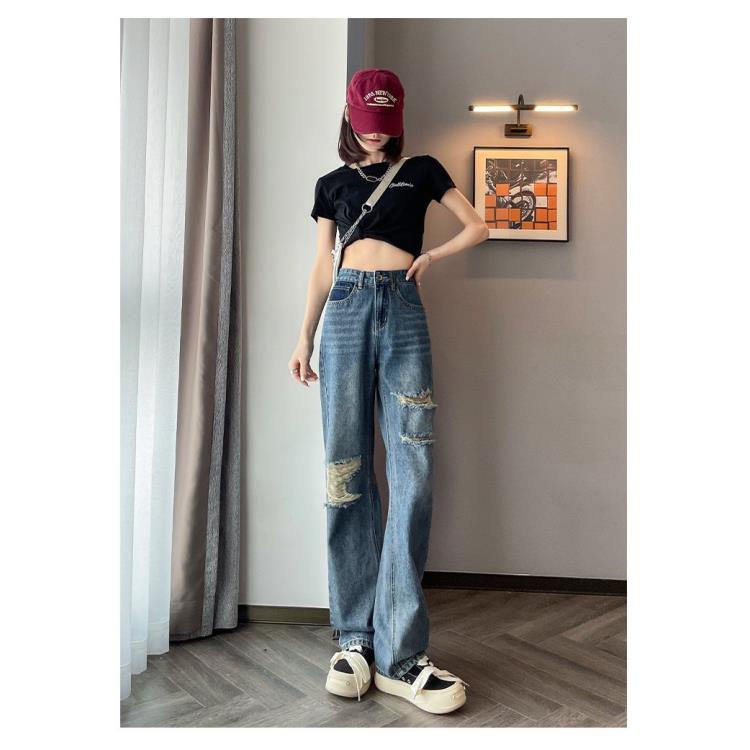 夏款（复古蓝）垂感遮肉破洞牛仔女裤夏季高腰薄款直筒阔腿显瘦女裤