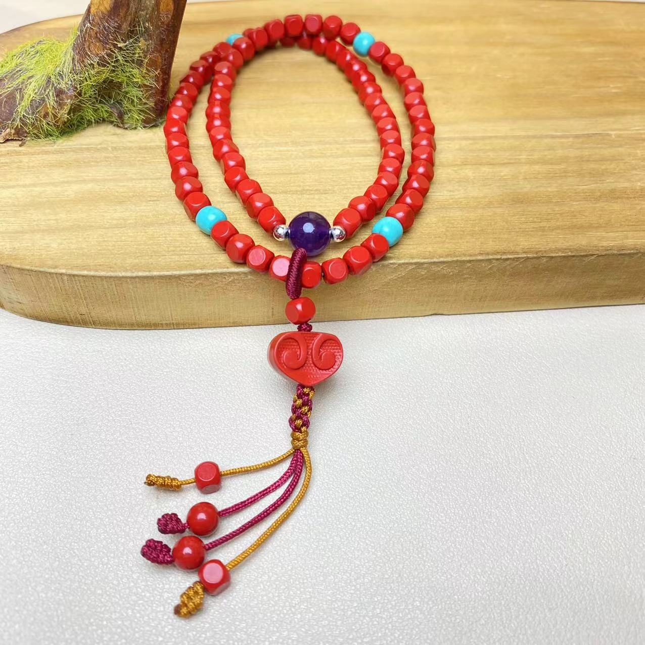 含辰砂工艺品保真高含量红砂设计款四方平安方糖双圈手串保真朱砂