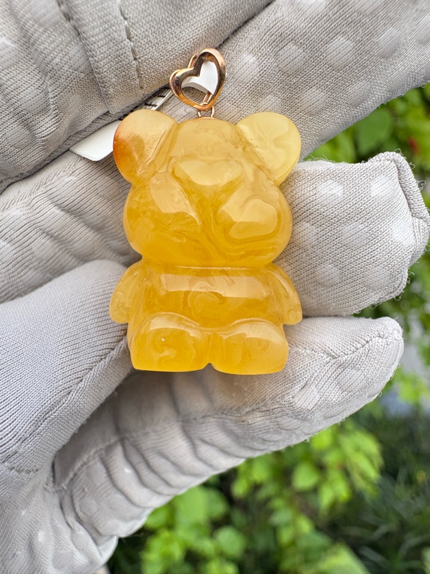 假一赔十，天然琥珀蜜蜡吊坠，蜜蜡吊坠，18K金镶嵌，小熊吊坠，编号2