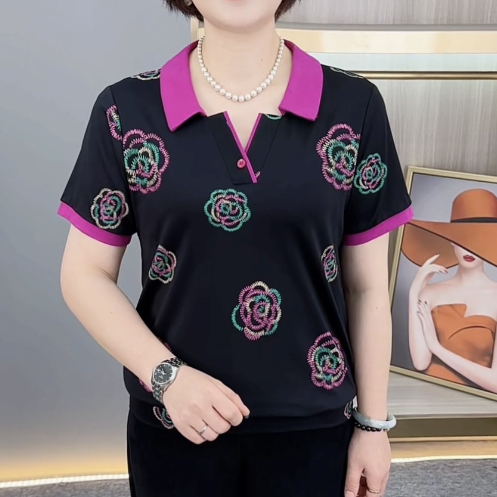 夏季新款时尚翻领洋气妈妈装休闲百搭减龄显瘦女士短袖上衣H989
