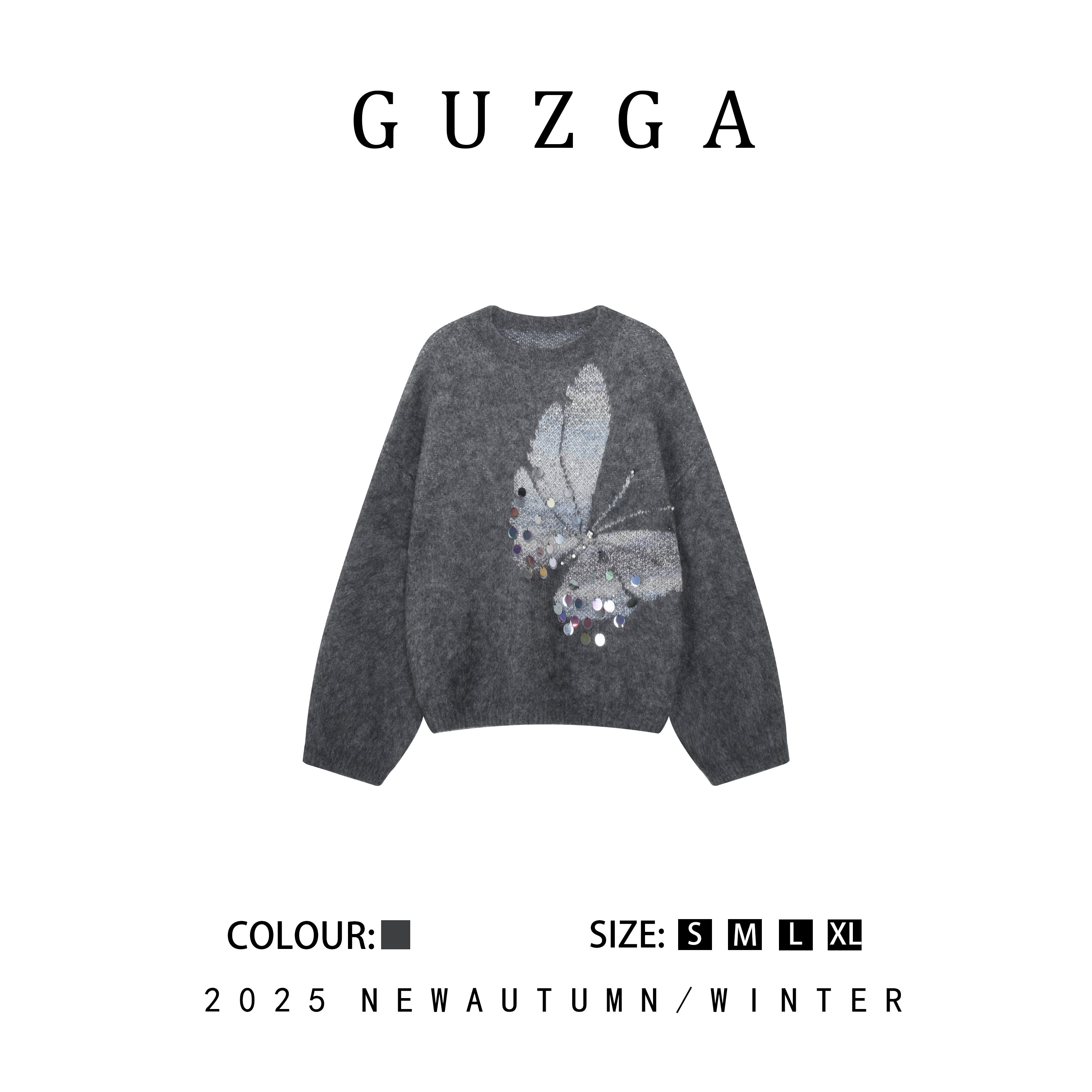 GUZGA【明艳端庄】2025秋季上新圆领蝴蝶亮片装饰针织毛衣女