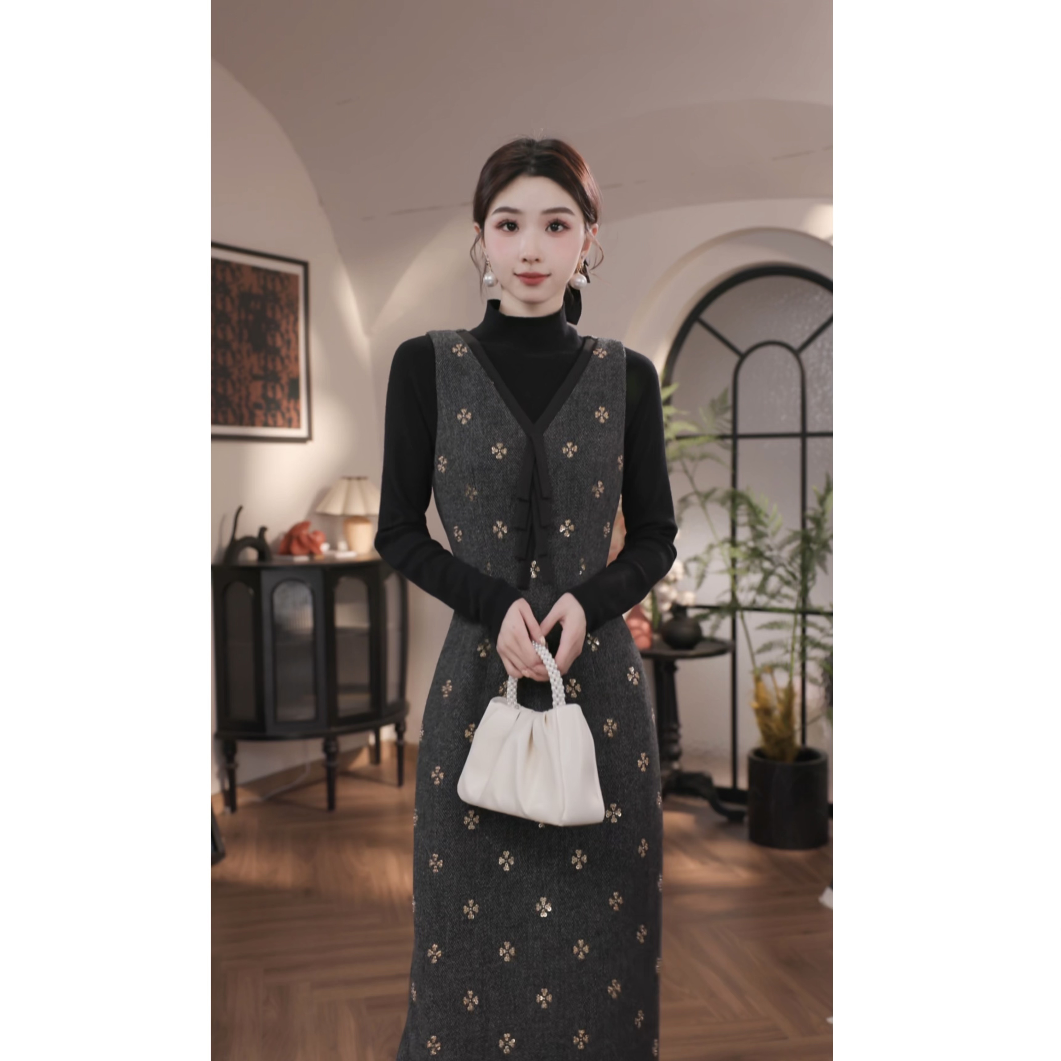薇宝儿婷婷【典雅灰韵】秋冬羊毛气质显瘦收腰背心连衣裙-50639Q