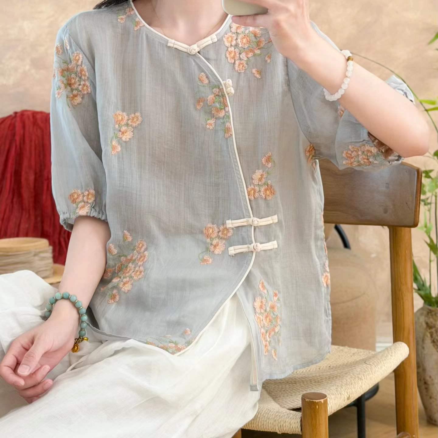 【100％苎麻】2026夏季新中式美学重工刺绣盘扣女士文艺上衣G26163