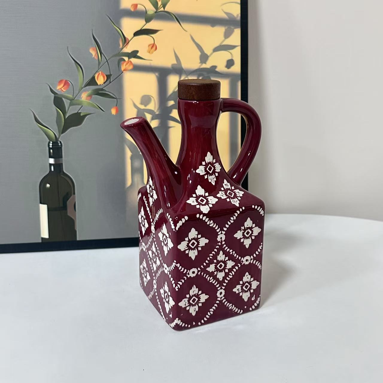 手绘印花红隔离油壶醋壶酱料壶