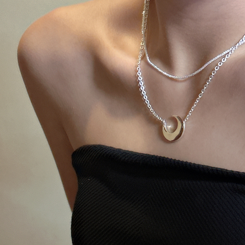 坠链均925银坠链均波光粼粼双层月亮项链个性满天星银饰锁骨链