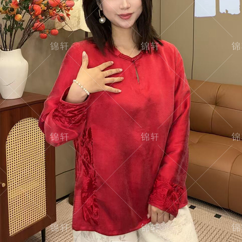 【锦轩阁】新年中式时尚洋气显瘦刺绣翻领上衣新中式国风女装016-1