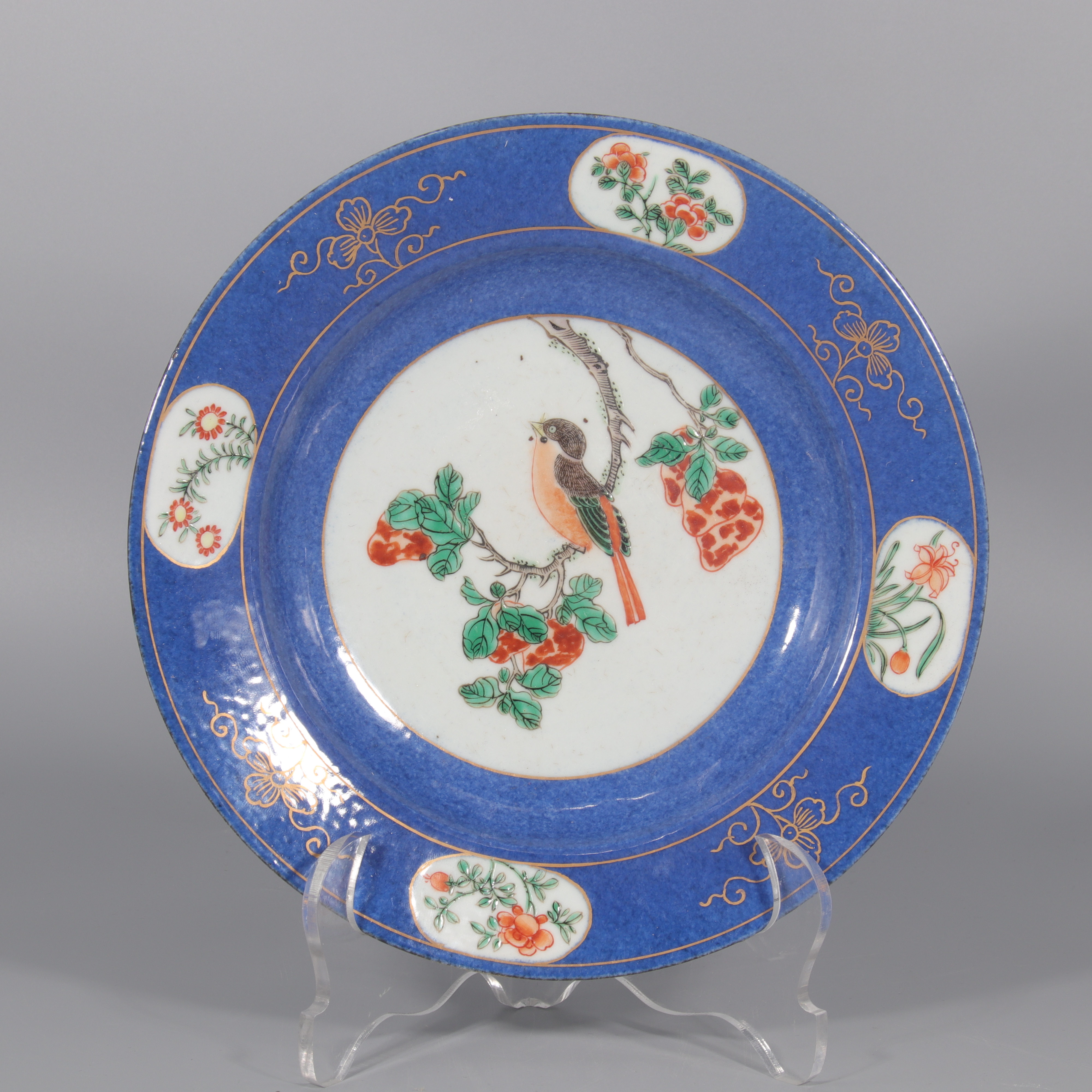 蓝地描金开窗花鸟纹折沿盘    H412-175