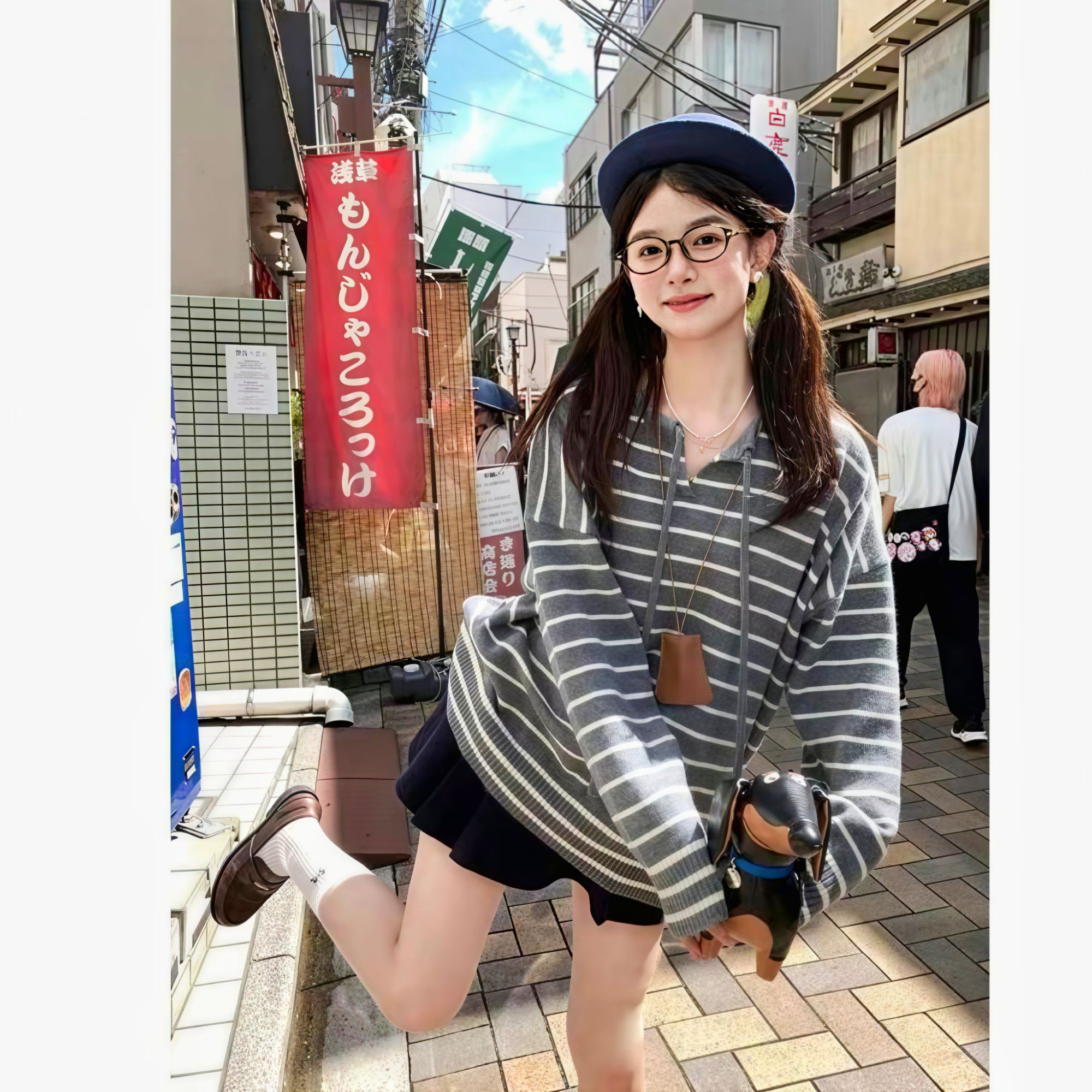 简约风甜美条纹连帽套头针织衫秋季新款韩版百搭减龄气质上衣
