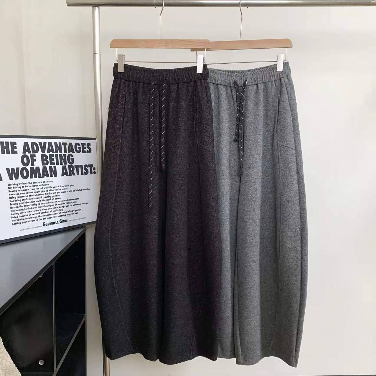 加绒加厚松紧腰抽绳弯刀呢子长裤拖地裤松紧腰毛呢韩版阔腿裤