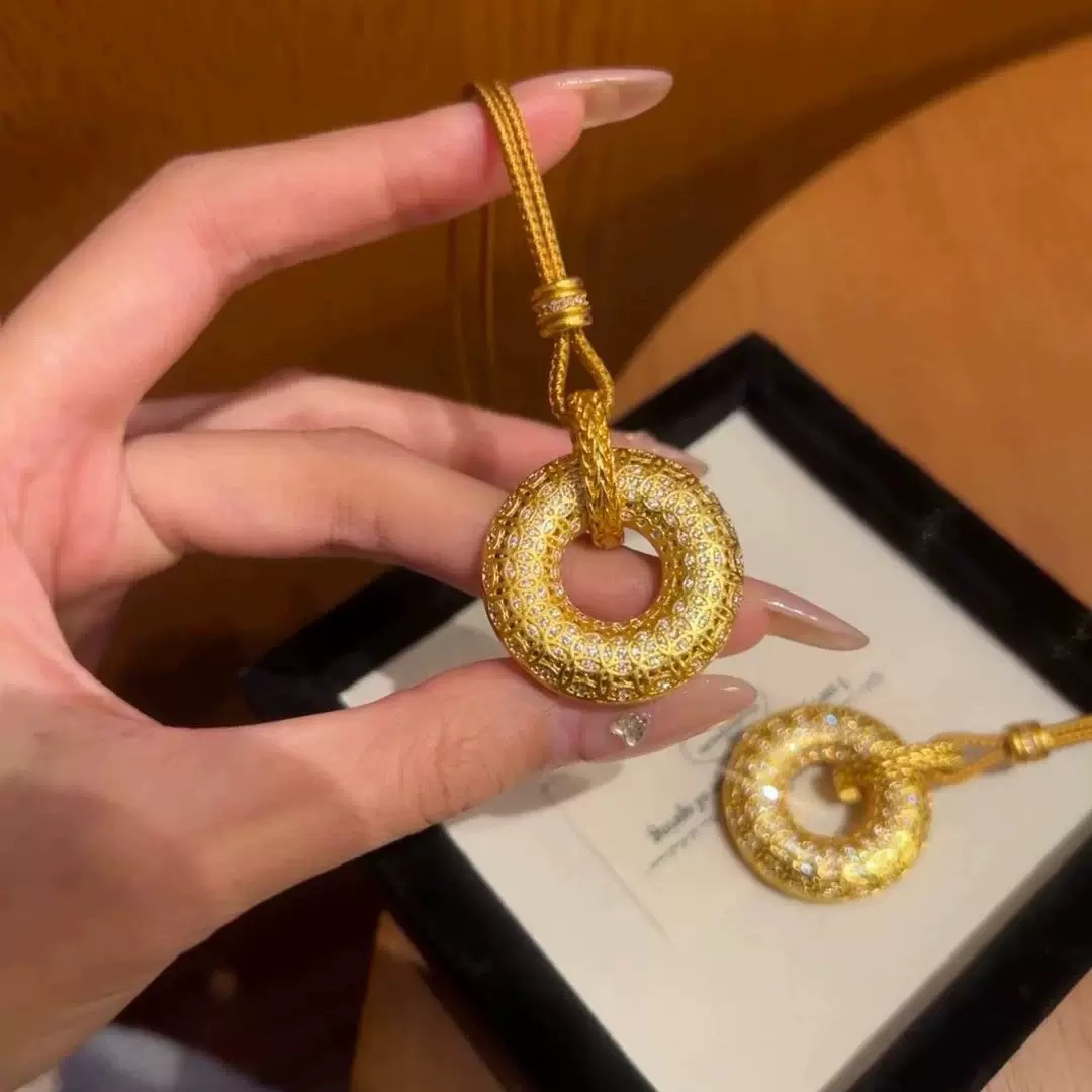 点钻花丝古钱纹平安扣 +金珠编绳 镀18k