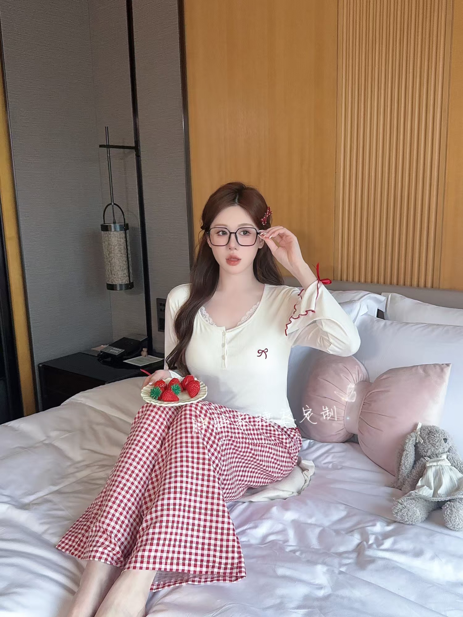 【幸运缪斯】春秋季代尔棉带胸垫长袖格子睡衣女甜美可外穿家居服