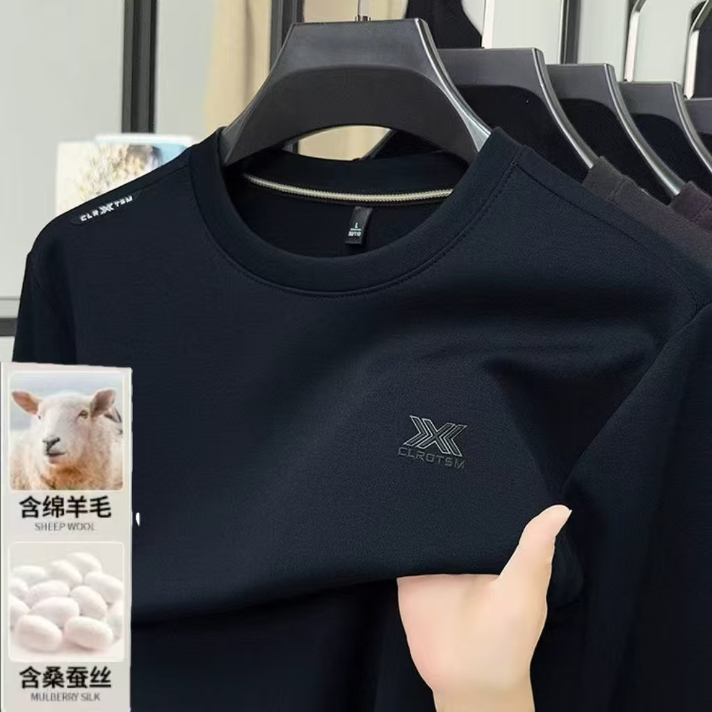 秋季男士绵羊毛桑蚕丝圆领套头卫衣时尚运动百搭上衣打底衫