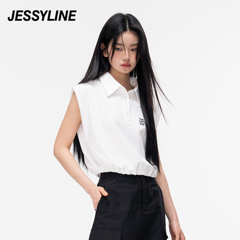 1702【刘一昂专属】jessyline杰茜莱宽松短款无袖T恤女新款遮肉上衣