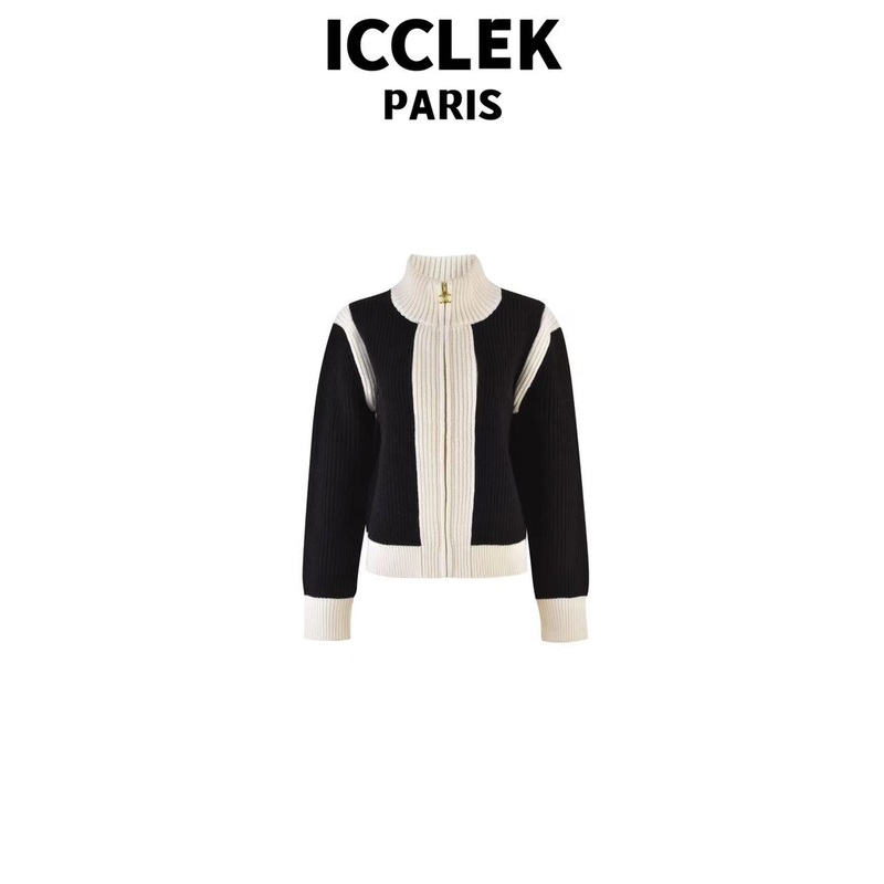 ICCLEK 黑白立领撞色长袖针织开衫 气质 轻奢 名媛 -5075