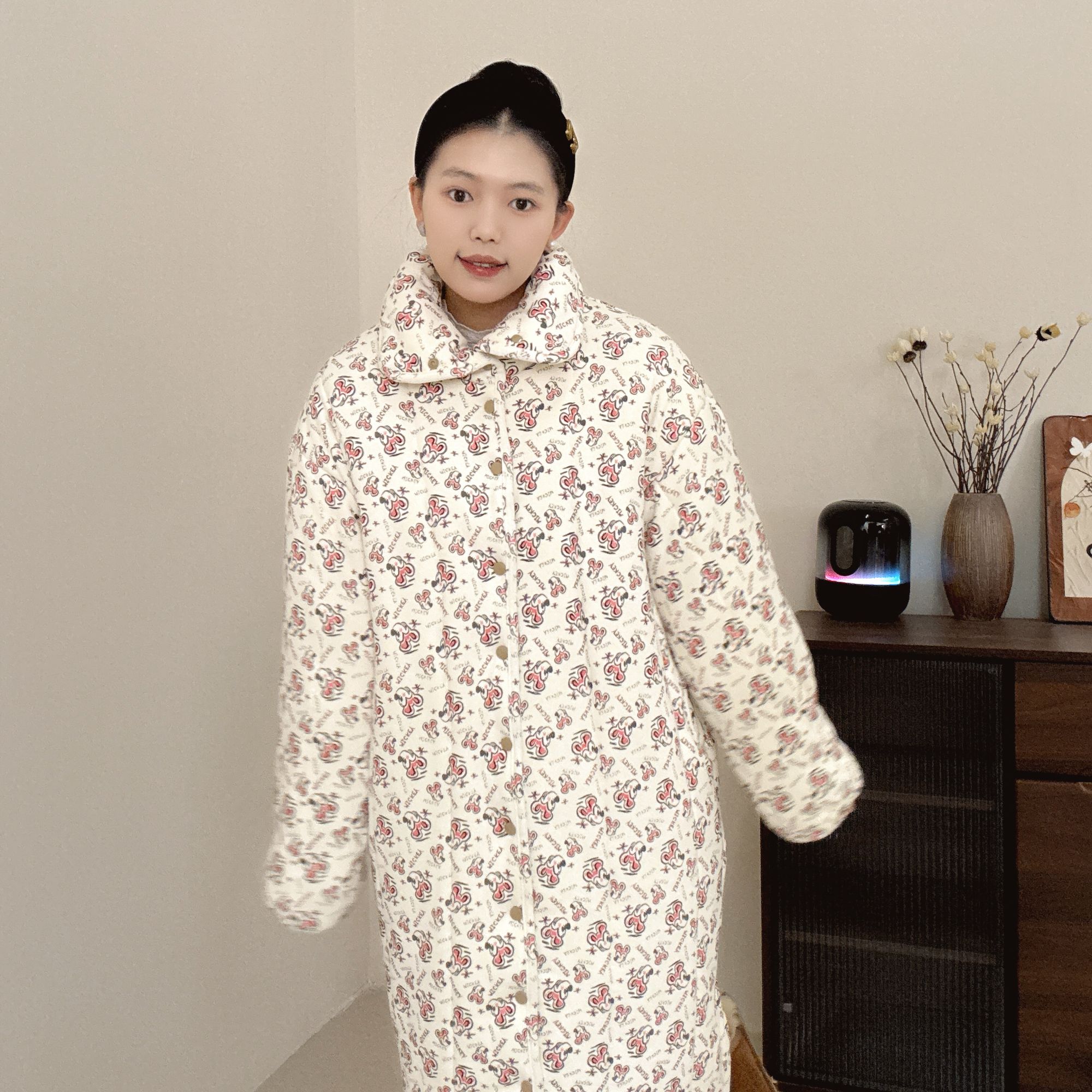 【绚彩米奇】300g立领直筒大长款棉衣棉服家居服保暖加厚