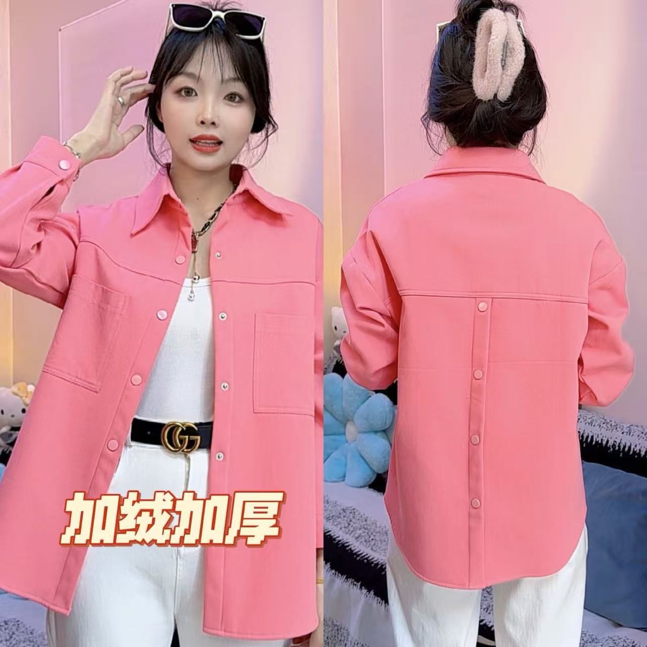 2025新款加绒加厚牛仔衬衫外套女宽松百搭中长款休闲纯色小众上衣