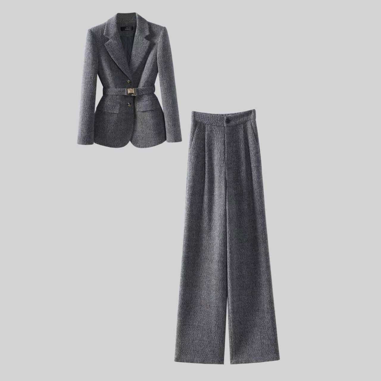 〈纪朵研〉1566复古港风休闲风时尚套装秋冬高腰灰色显瘦阔腿裤气质