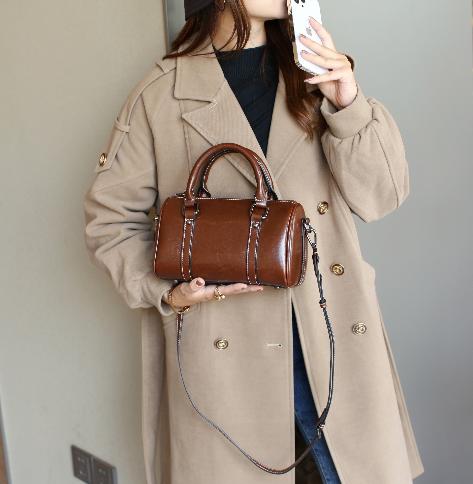 新款牛皮单肩斜跨手提包气质休闲百搭真皮波士顿女包质感潮流简约