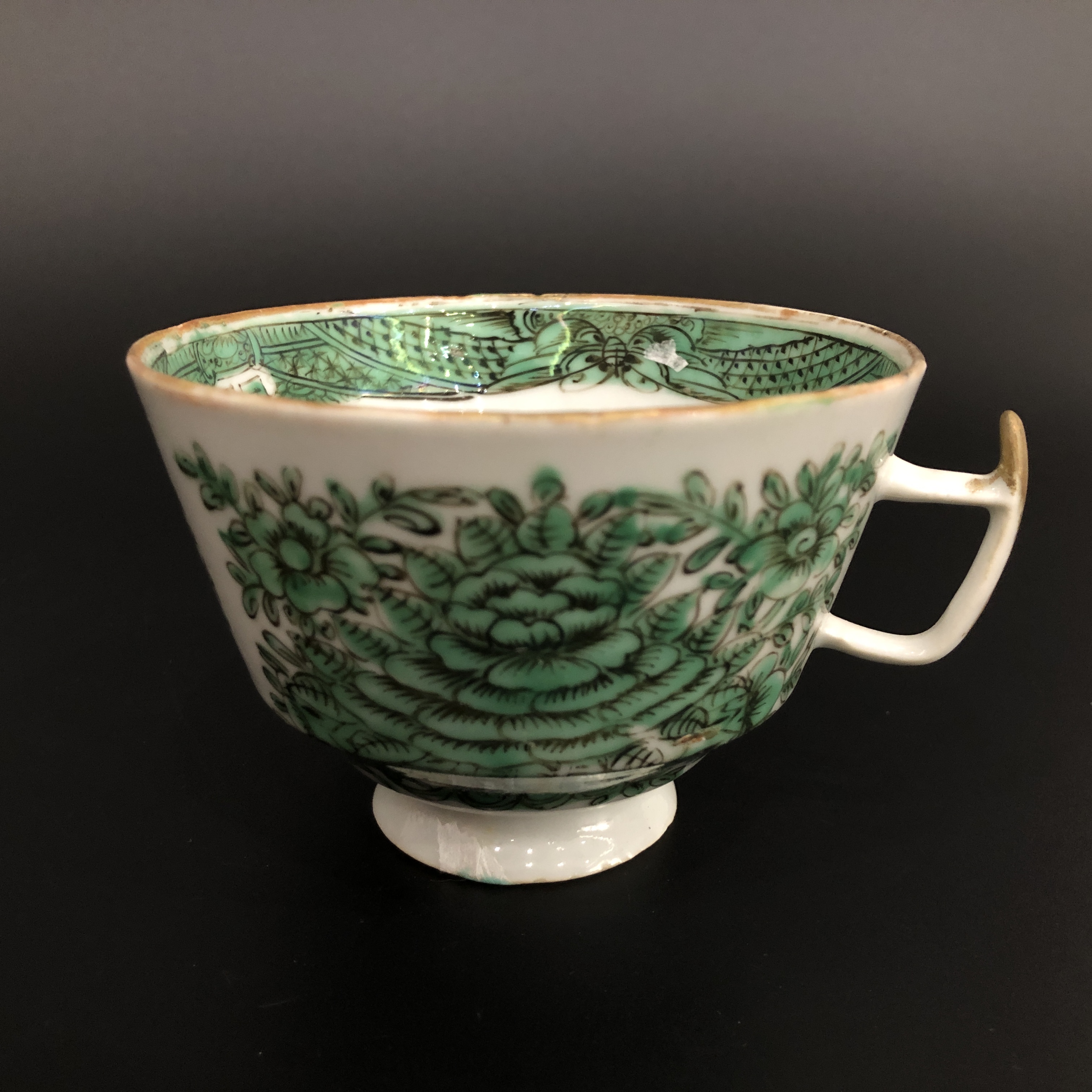 lot:25120455 民国广绿彩花卉纹把杯 口径9.5cm高6.6cm