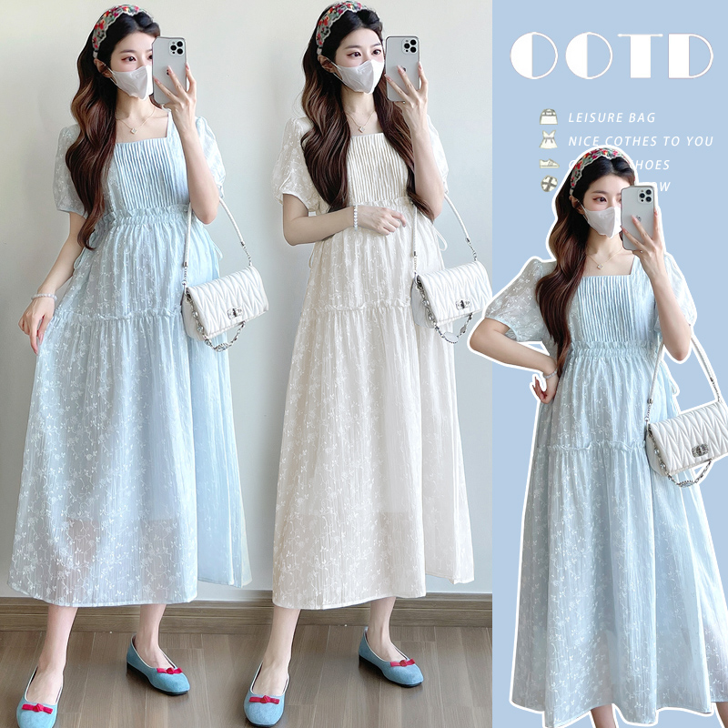 SuSu新款孕妇夏季连衣裙时尚百搭印花松紧腰气质温柔中长款连衣裙