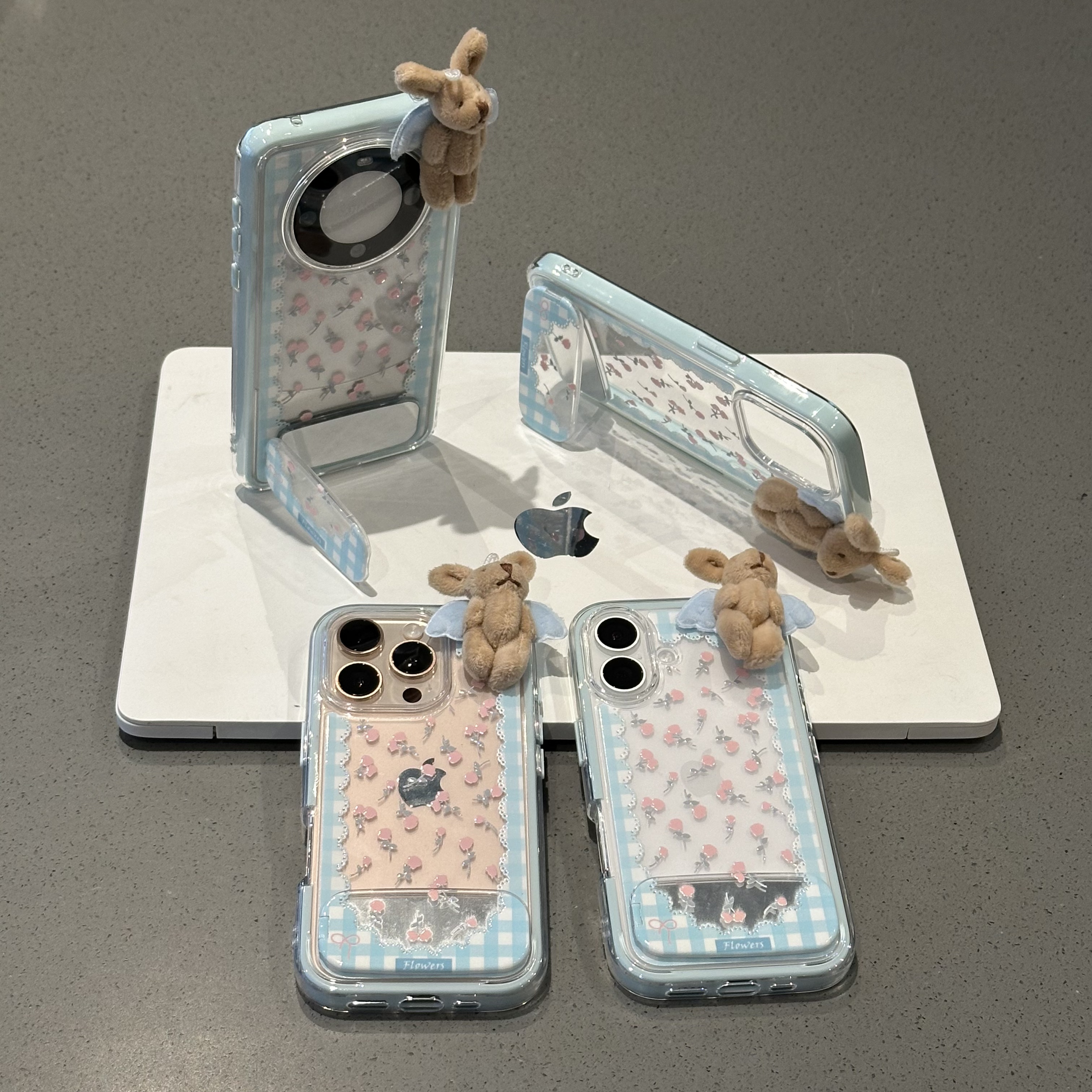 夕与空花边兔兔镜面支架适用苹果16撞色手机壳华为vivo小米15oppo