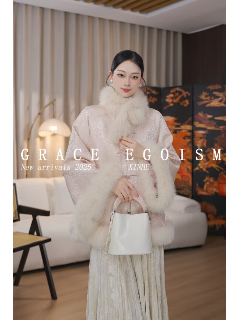 金禾【金禾专属】原创冬款重工暗纹真丝刺绣狐狸毛羽绒服5003