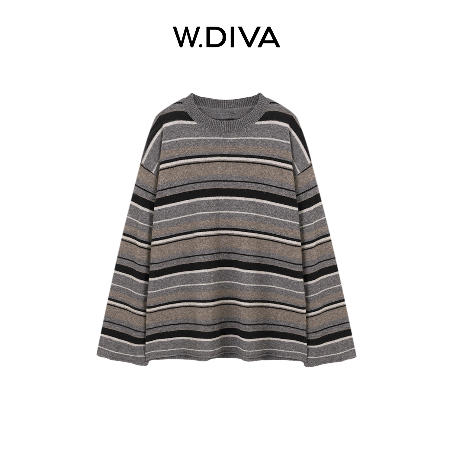W.Diva【灰咖黑条】天丝羊绒羊驼毛撞色条纹圆领针织衫女53Z172974