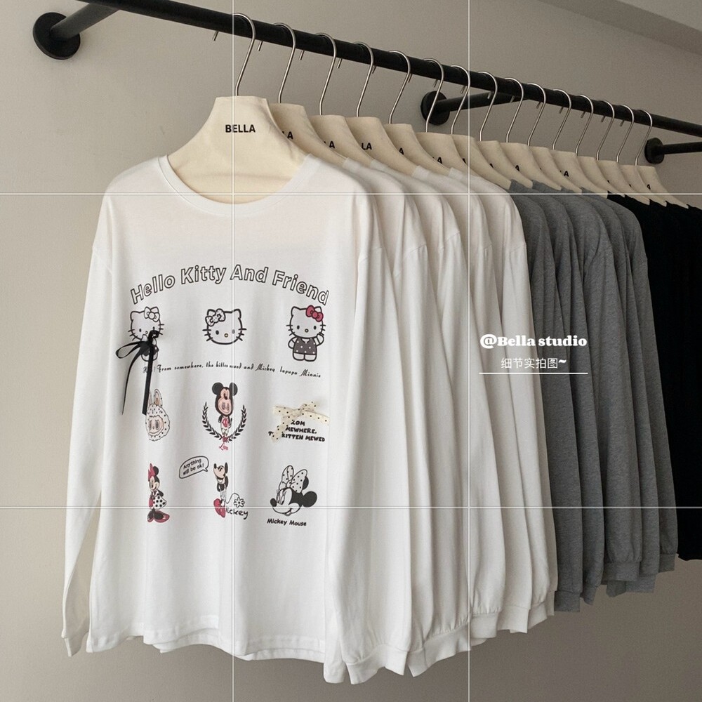 E2198#韩系休闲甜酷蝴蝶结喷画长袖t