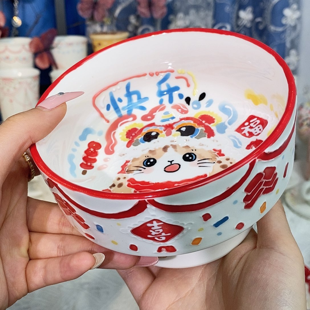 豌**主手工定制高脚果碗醒狮小狗图案